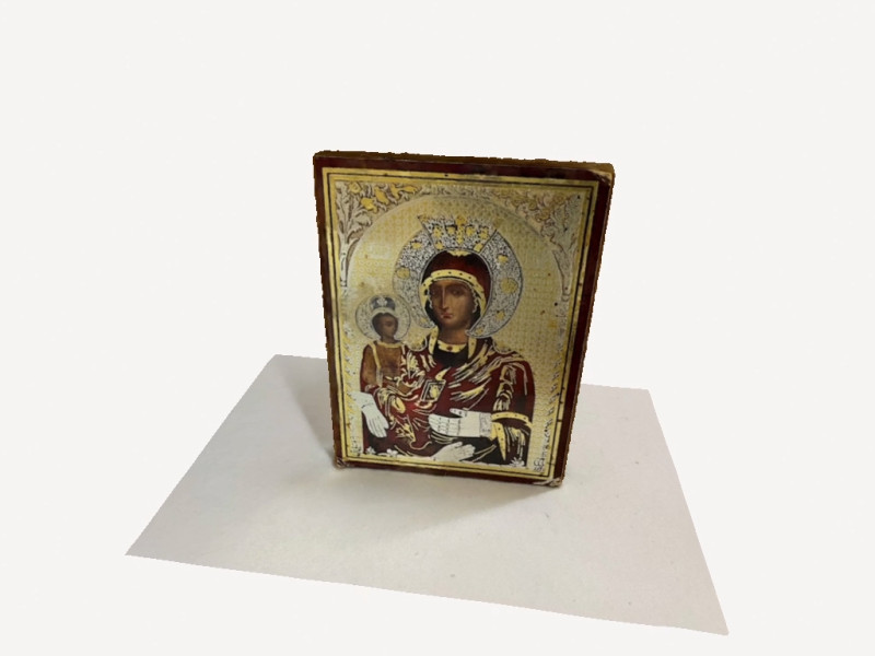 Ein 3D Scan eines kleinen Bildes aus dem Zenetti Pils. Zu sehen ist eine Madonna mit Kind vor goldenem Hintergrund.
